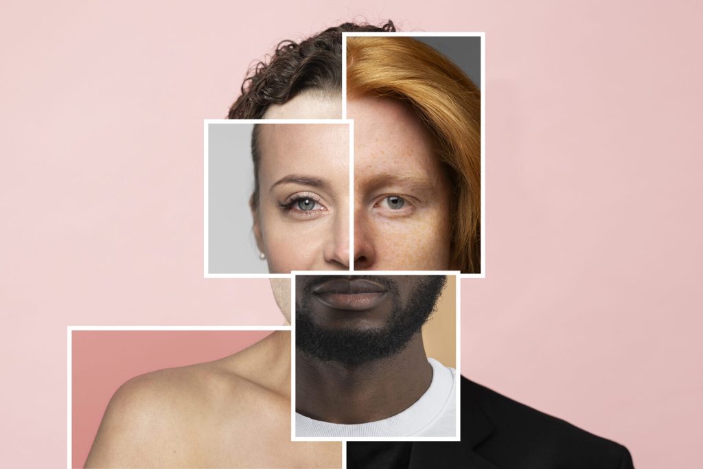 Rostro compuesto por fragmentos de caras distintas que representa los niveles de identidad de la opositora